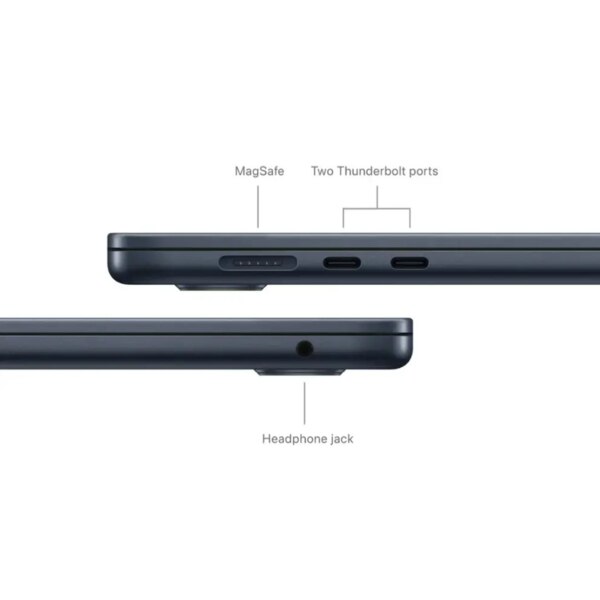 MacBook Air 13 Laptop showing the MagSafe charging port, two thunderbolt ports and a headphone jack port